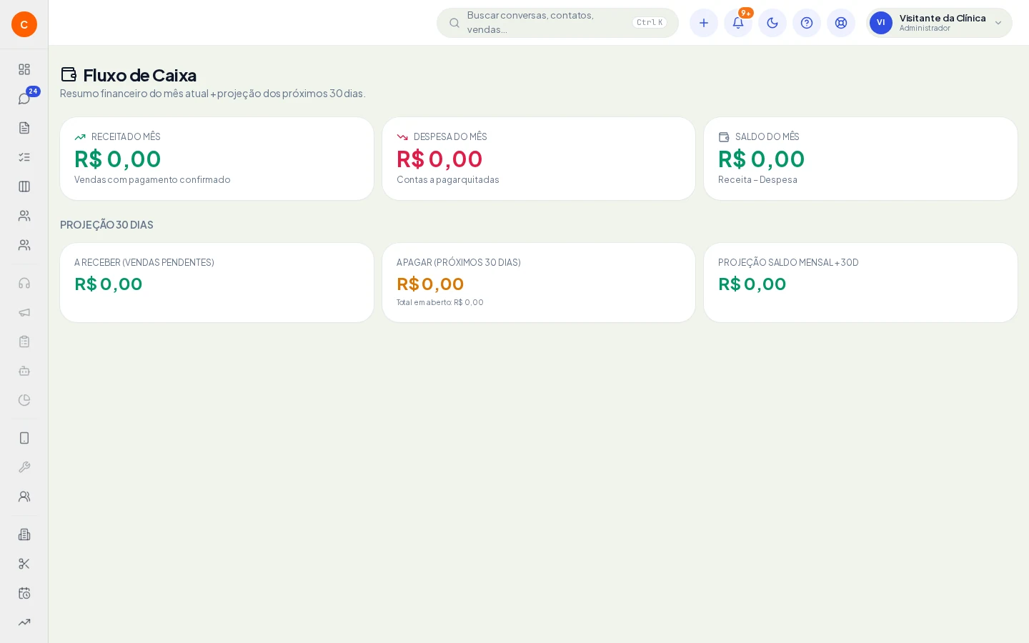Painel de recebimentos, despesas e projeção de caixa